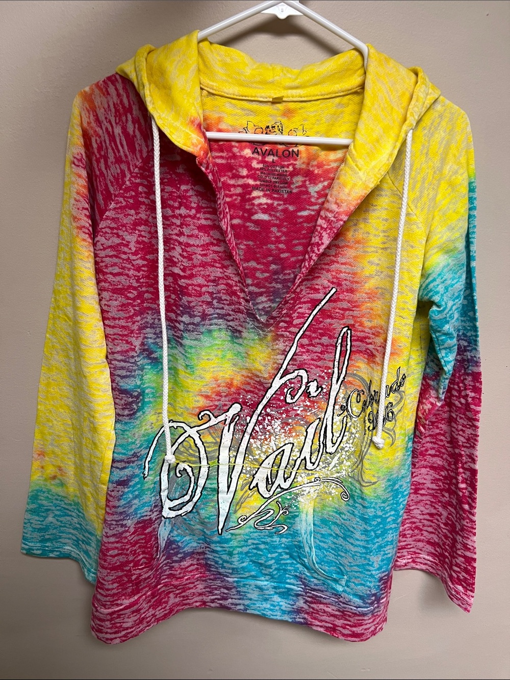 Vail, COAvalon Multicolor Tie-Dye V-Neck Hooded Sweater — Yellow Pink Blue Green